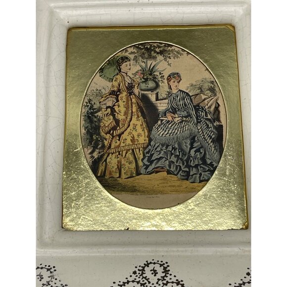 vintage ceramic framed La Mode illustree print shabby chic white gold mated READ - Picture 4 of 11